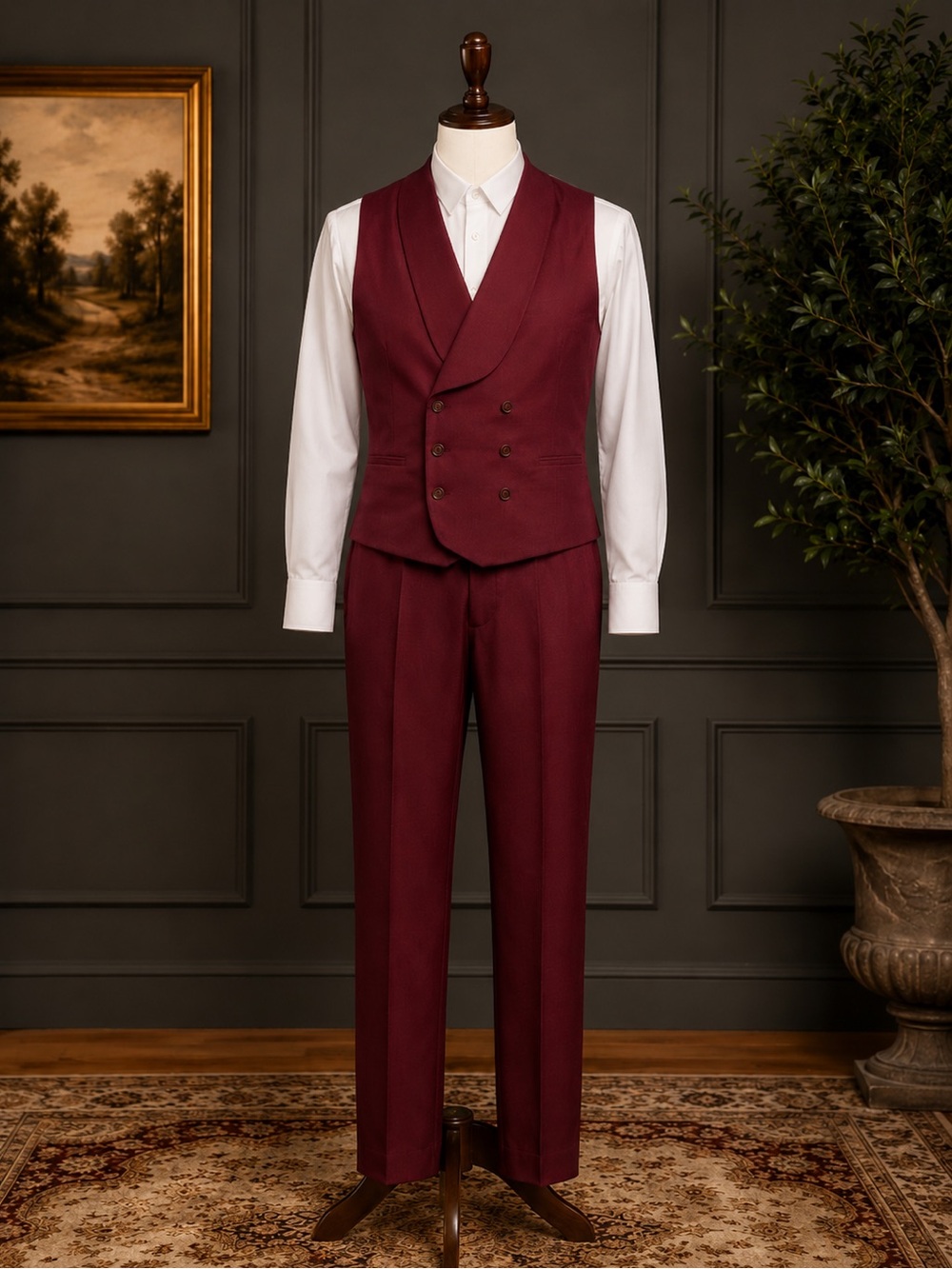 Men’s 4XL Burgundy Formal Vest & Pants Set 44x32 Wedding Prom